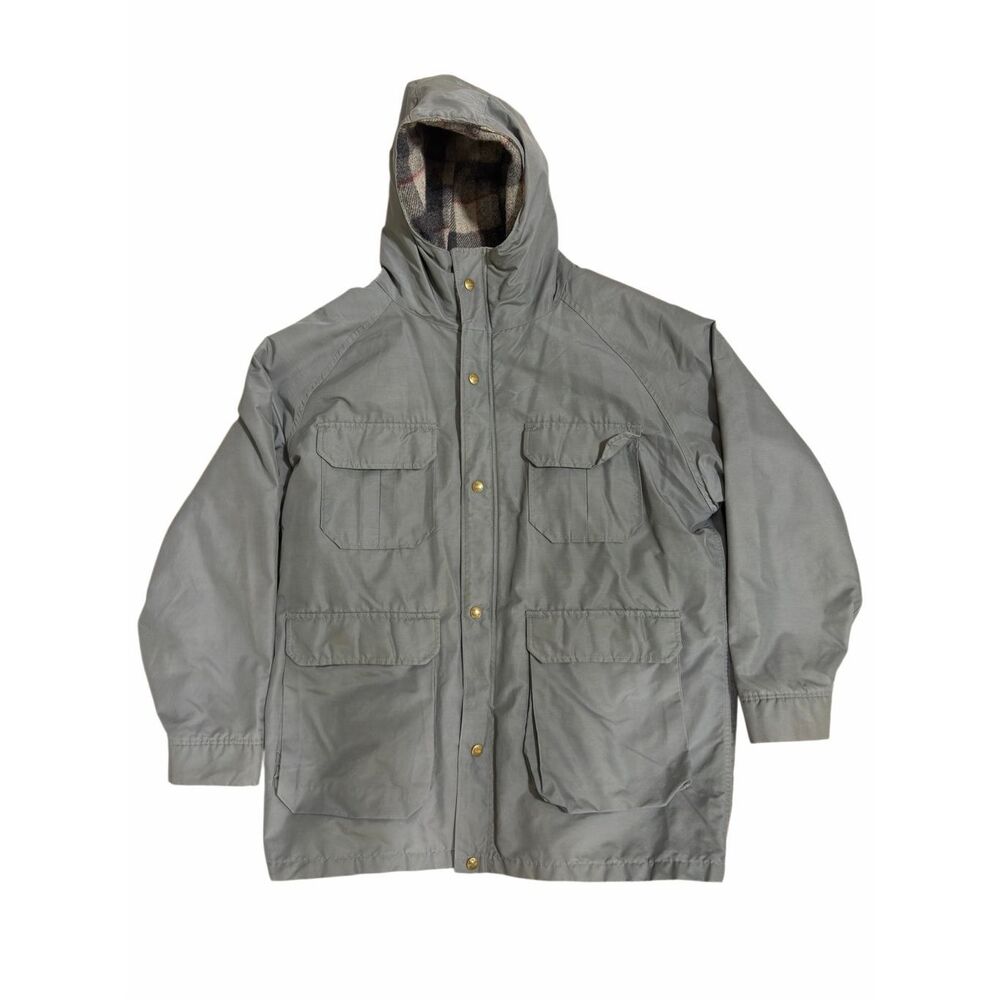 VINTAGE Woolrich Jacket Mens Large Grey Parka Plaid Wool Lined Hooded Made In US